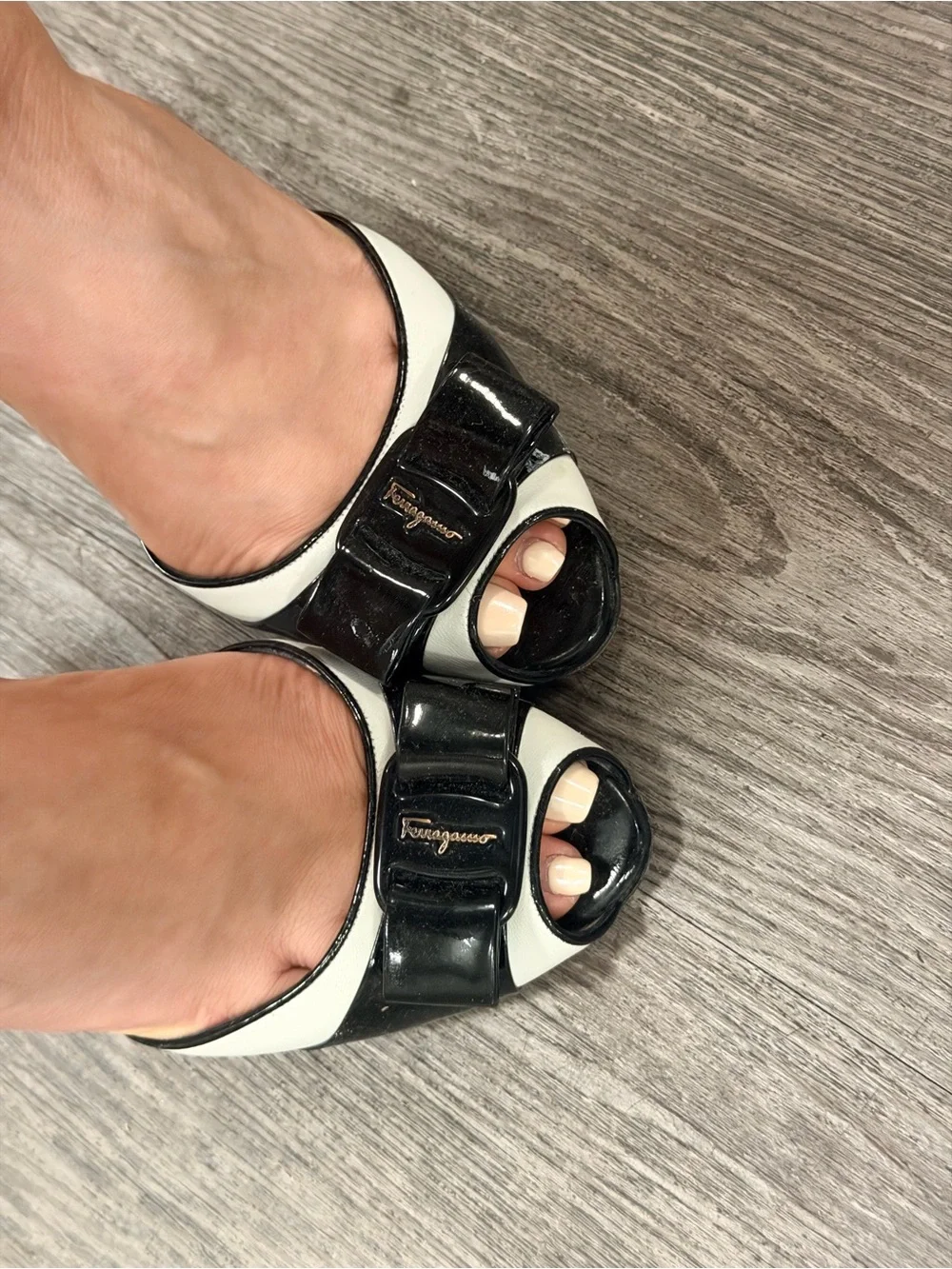 Salvatore Ferragamo Black and White Patent Peep-Toe Heels